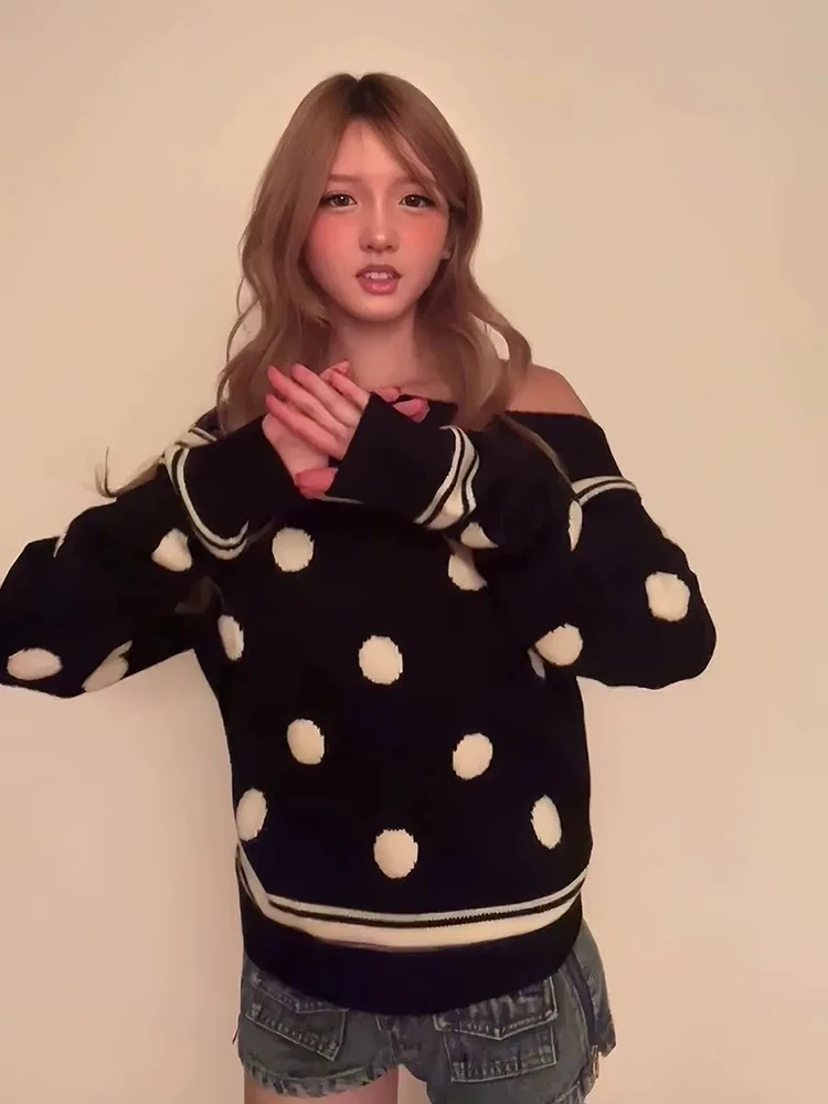 الحلو Preppy متماسكة سترة المرأة منقطة مائل الرقبة خمر البلوفرات غير رسمية فضفاضة قبالة الكتف كسول الرياح Harajuku جديد لاعبا #5