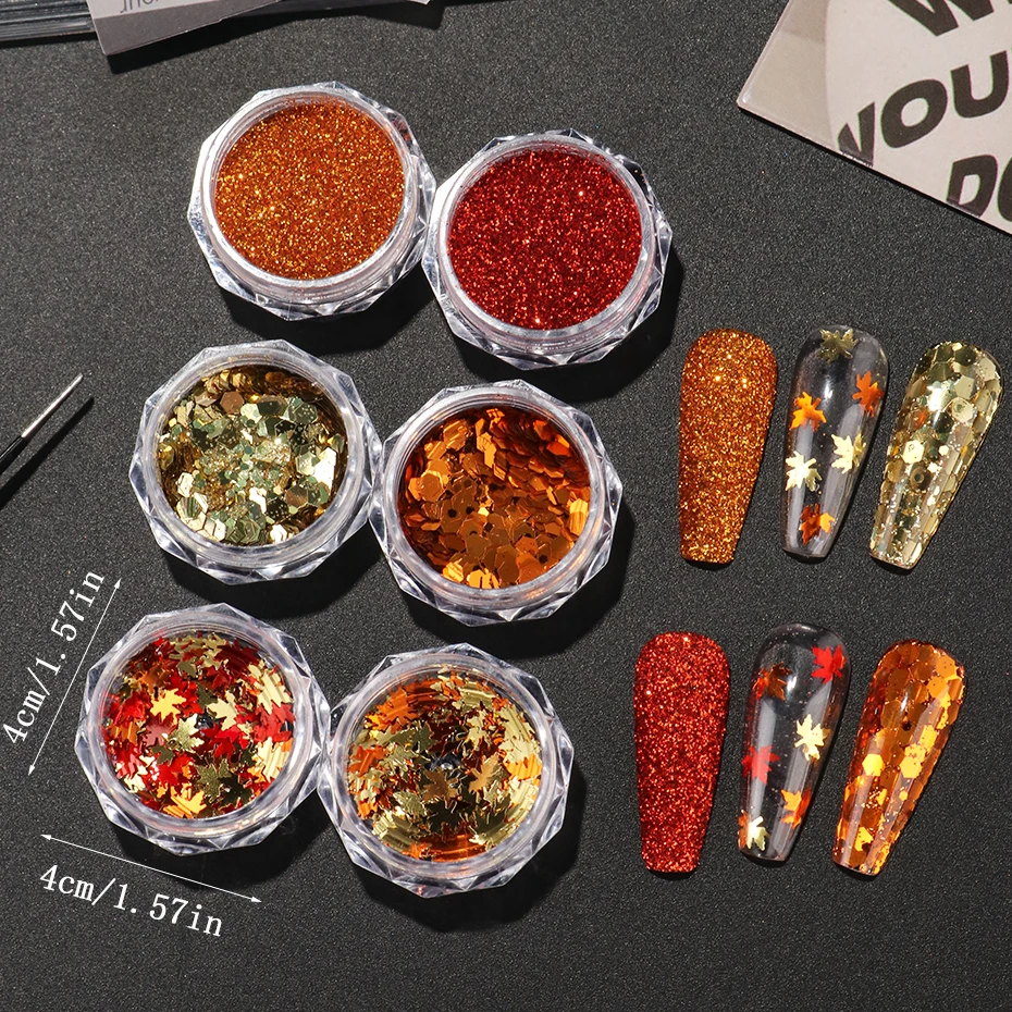 6 Flaschen/Set Ahornblatt-Pailletten, Maillard-Stil, Nagelglitzer, Sechseck-Pulver, Pigmentstaub, Y2K, wunderschöne Herbst-Nagelkunst-Dekoration