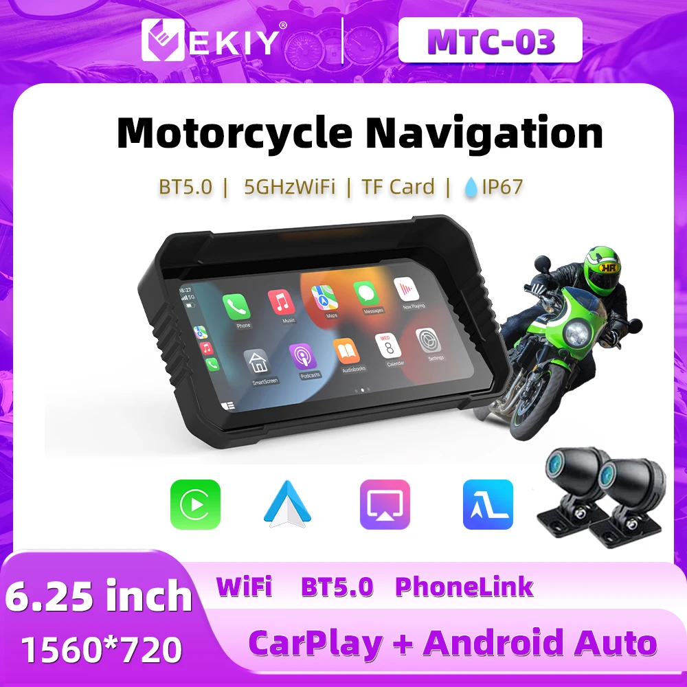 EKIY Motorcycle GPS 6.25 inch WiFi MOTO Navigation Waterproof Carplay Display Screen Portable Motorcycle Android Auto