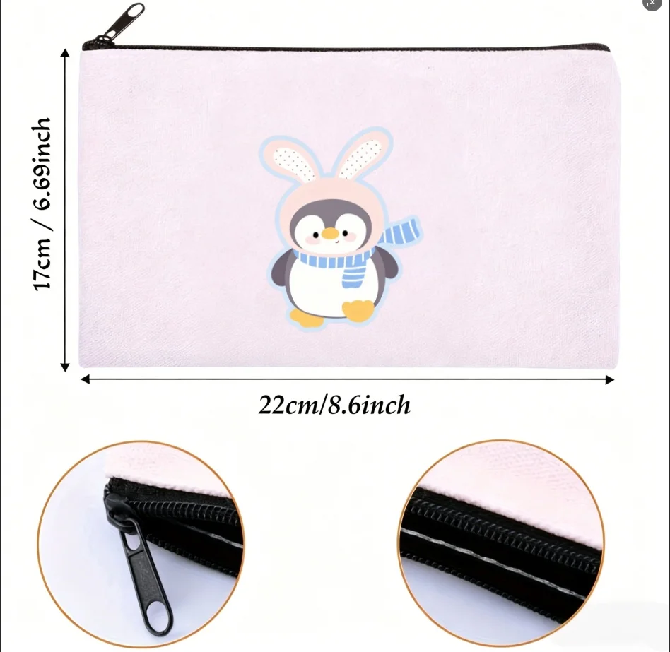 1pc Cute Penguin With Bunny Ears Scarf Print Canvas Cosmetic Bag Zipper Makeup Pouch Kawaii Cartoon Animal Gift