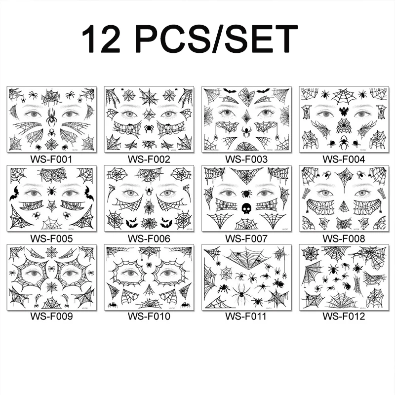 ハロウィーンのスパイダーウェブタトゥーの日、偽の顔のメイク、一時的な防水ステッカー、ボディアートデザイン、パーティーデカール