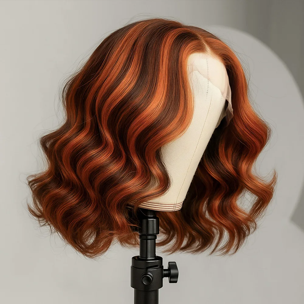 

#4/350 Highlight Ginger Brown Short Bob Wig Human Hair Body Wave 13x4 HD Lace Frontal Wig Colored 5x5 Glueless Wigs For Women