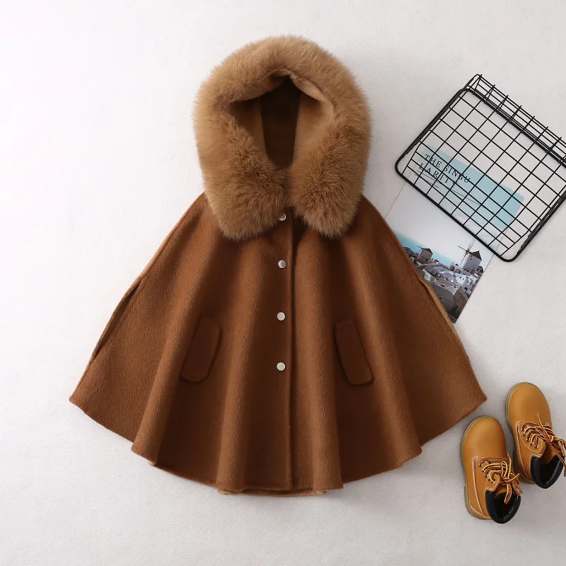 Winter 2022 New Girls Woolen Coat Woolen Cape Fox Fur Collar Kids Jacks for Girls Baby Girl Winter Cloths Girls Coat