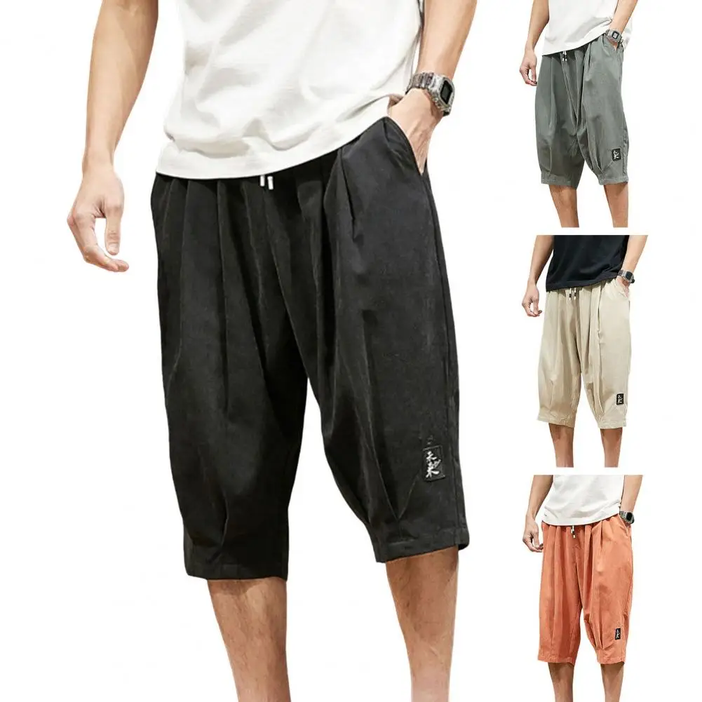 Men Plus Size Summer Harem Pants Mid-rise Elastic Waistband Drawstring Pockets Pleated Cropped Pants Men Calf-length Baggy Pants