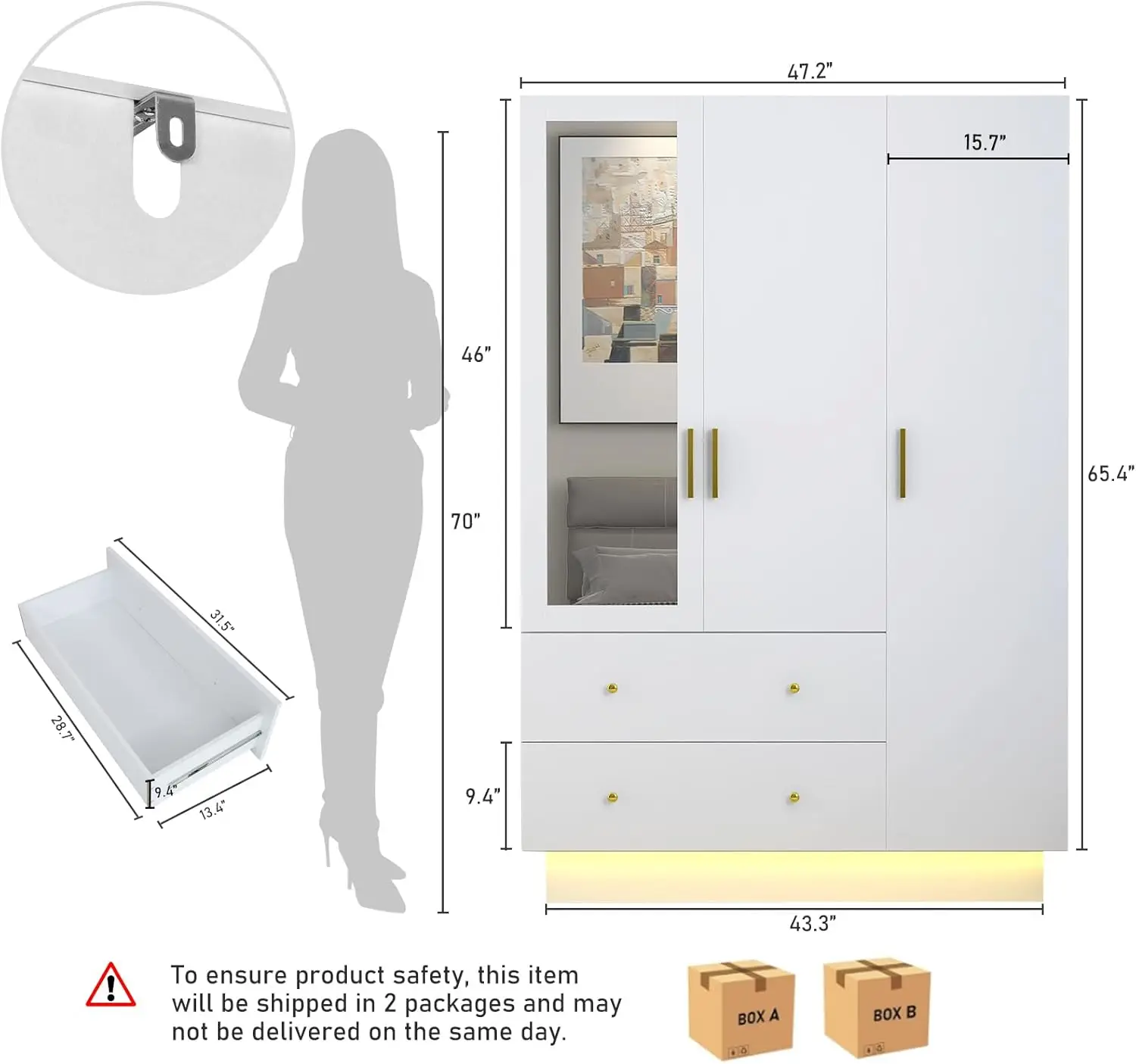 3 Door Wardrobe Closet With Mirror & Led Lights, Bedroom Armoire With Drawers & Shelves, Modern Wooden Armoire Wardrobe Closet