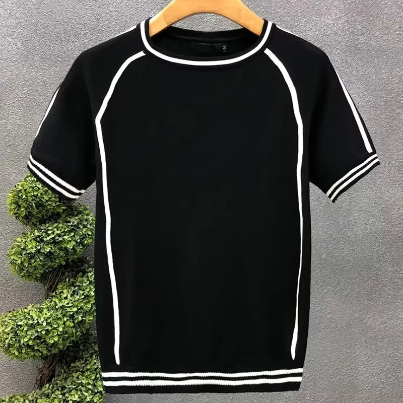 Irregular Lines Herren-Strick-T-Shirt, Sommer, Schwarz, Weiß, Kontrastfarbe, Rundhalsausschnitt, kurze Ärmel, atmungsaktives Strick-T-Shirt – Detail 3
