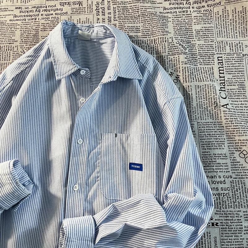 

Men Blue Striped Shirt Spring Autumn New Japanese Casual Loose Letter Lapel Coats Fashion Versatile Pocket Single Breasted Tops