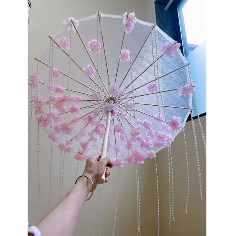 Chinese Silk Umbrella Anime Women Photography Cos Prop Antique Dance Tassels Umbrella Transparent  Japan Paper  Wedding Parasol