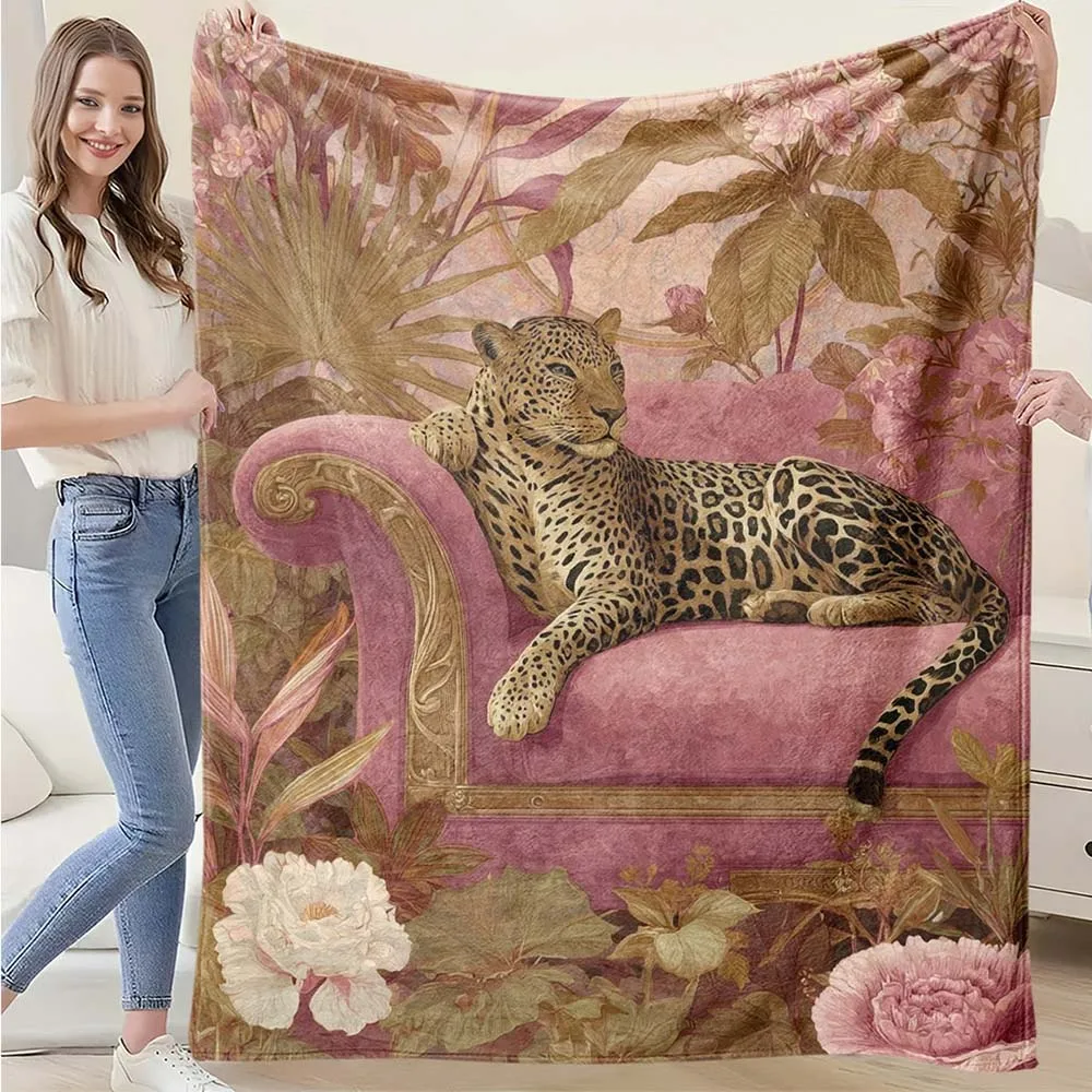 

1pc Vintage Leopard on Pink Velvet Sofa Floral Print Flannel Throw Blanket