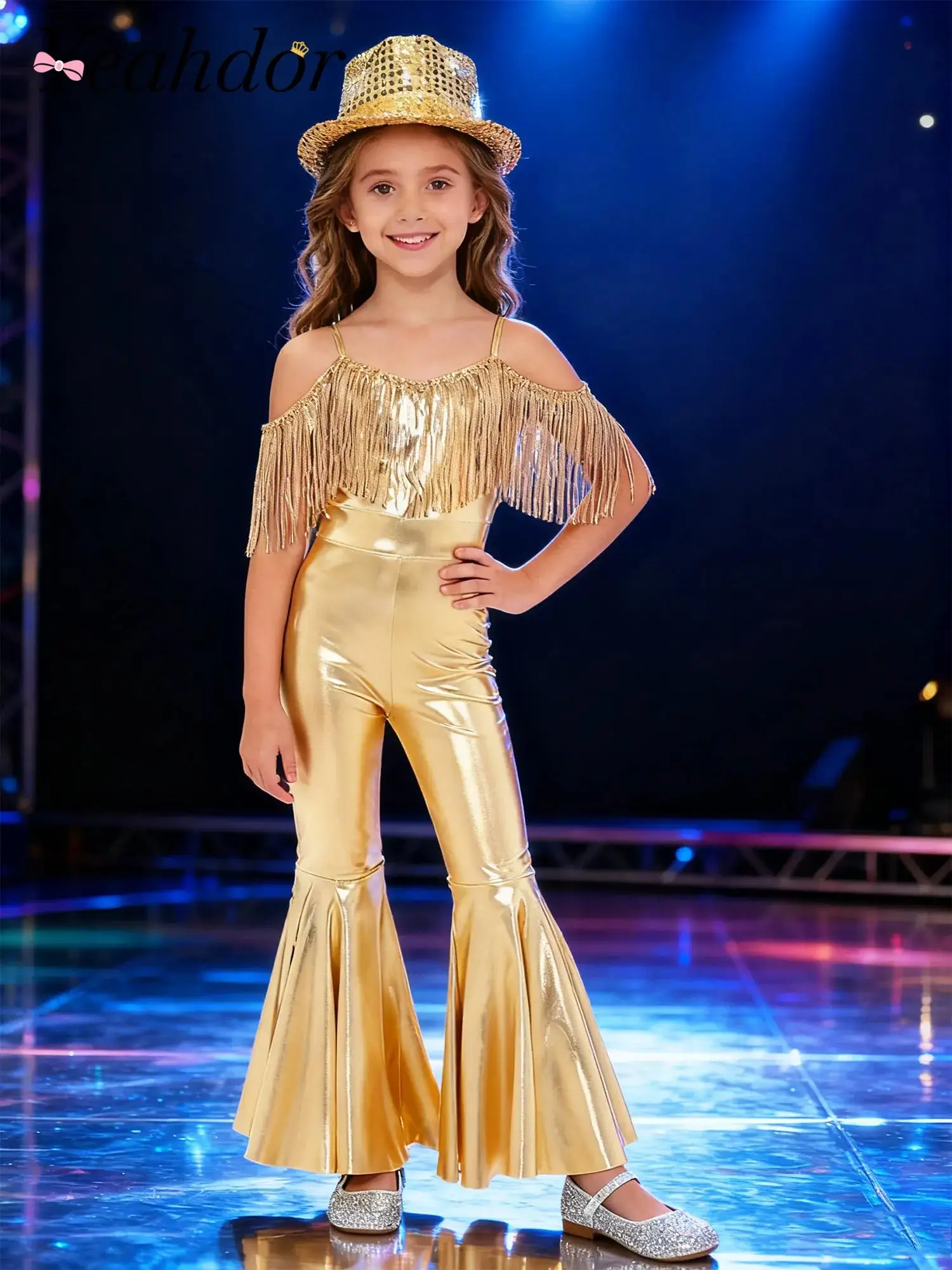 

Girls Bell Bottom Shiny Sequins Hippie Costume Kids Jazz Dance 70s 80s 60s Disco Outfit Tassel Prom Flare Jumpsuit Party Costume