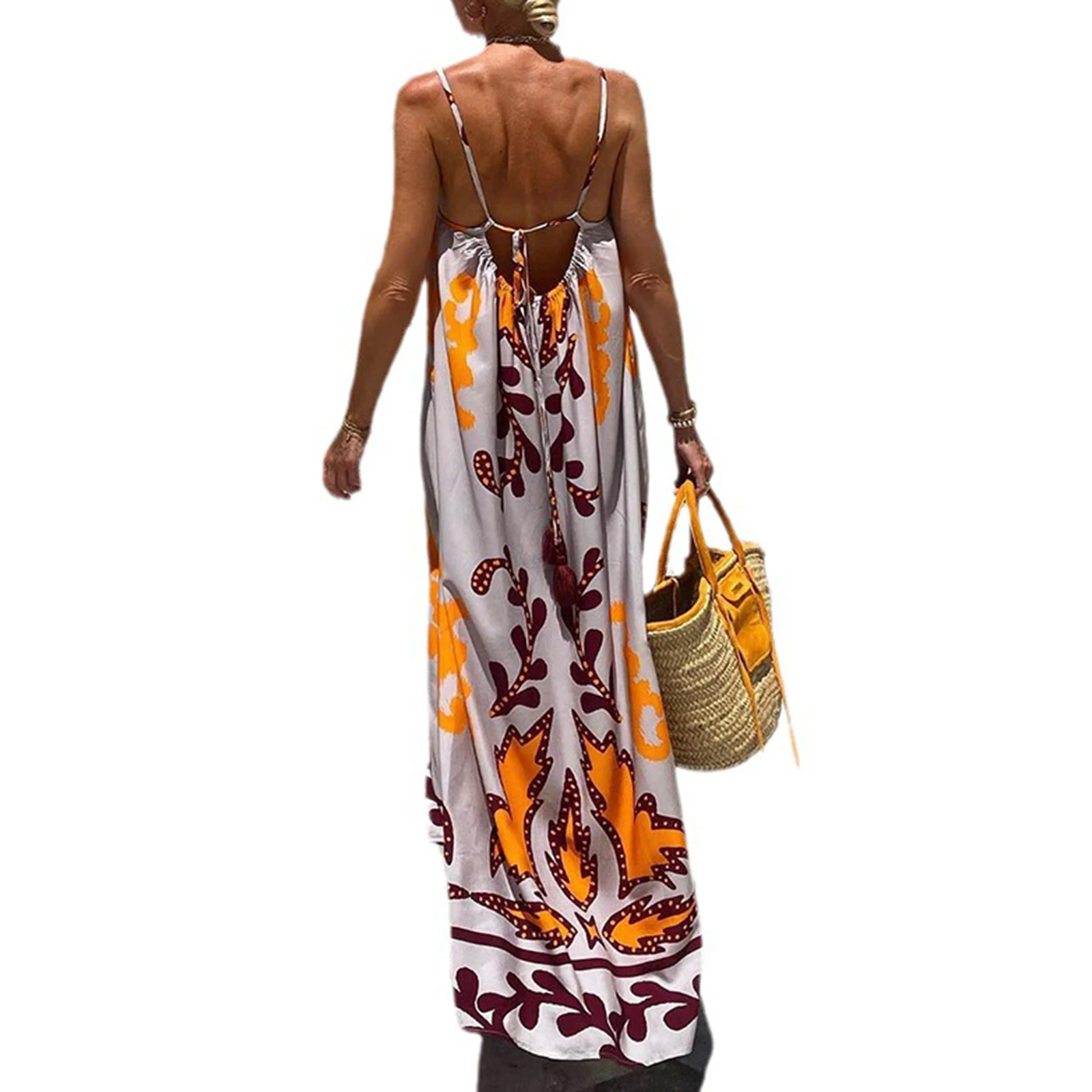 Women Summer Casual Long Dress Print Spaghetti Strap Sleeveless Cami Dress Loose Tie-Up Backless Holiday Dress