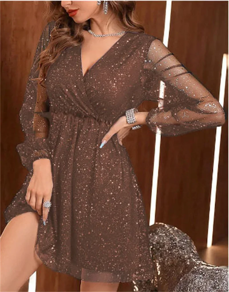 Vestido de manga larga con empalme de malla elegante para mujer, vestido de fiesta a la moda con purpurina, cuello en V profundo, vestido Midi de cintura alta para mujer