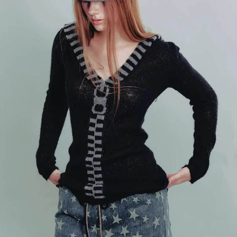 Fall Streetwear Outfit Knit Women's Hooded Sweater Retro Women Gothic Y2K Knit Cardigan Striped V-Neck Long Sleeve Sweater Emo