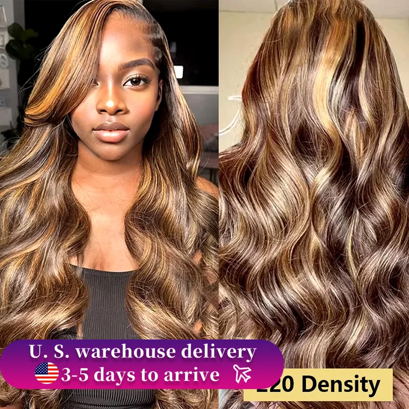 4/27 Highlight Body Wave 13x6 Lace HD Фронтальные человеческие волосы Парики 30 дюймов Water Wave Ombre Парик фронта шнурка 200 Плотность Бразильский парик