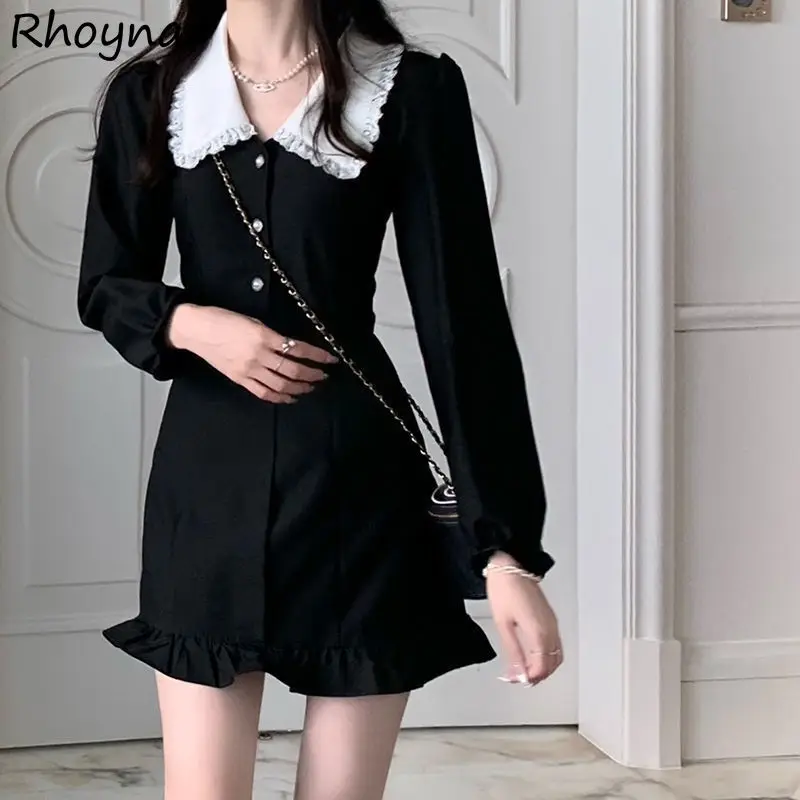 Peter Pan Collar Dresses Women Puff Sleeve Korean Style Sweet Autumn Fashion Leisure Stringy Selvedge Patchwork Button Elegant