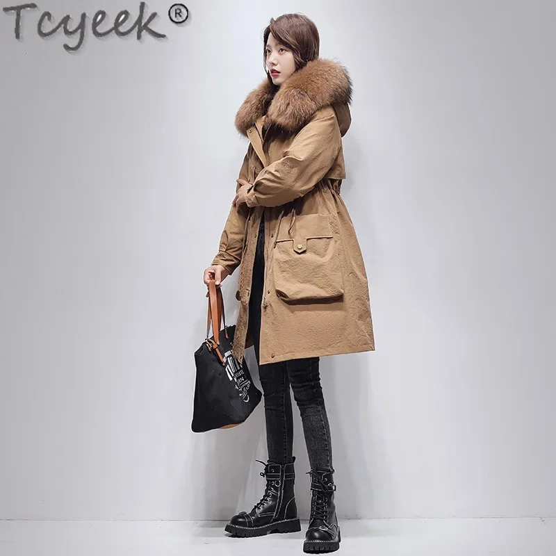 Tcyeek-Parka de longitud media para mujer, ropa elegante con forro de conejo Rex, abrigo desmontable, cálido, Cuello de piel de mapache, invierno, 2024