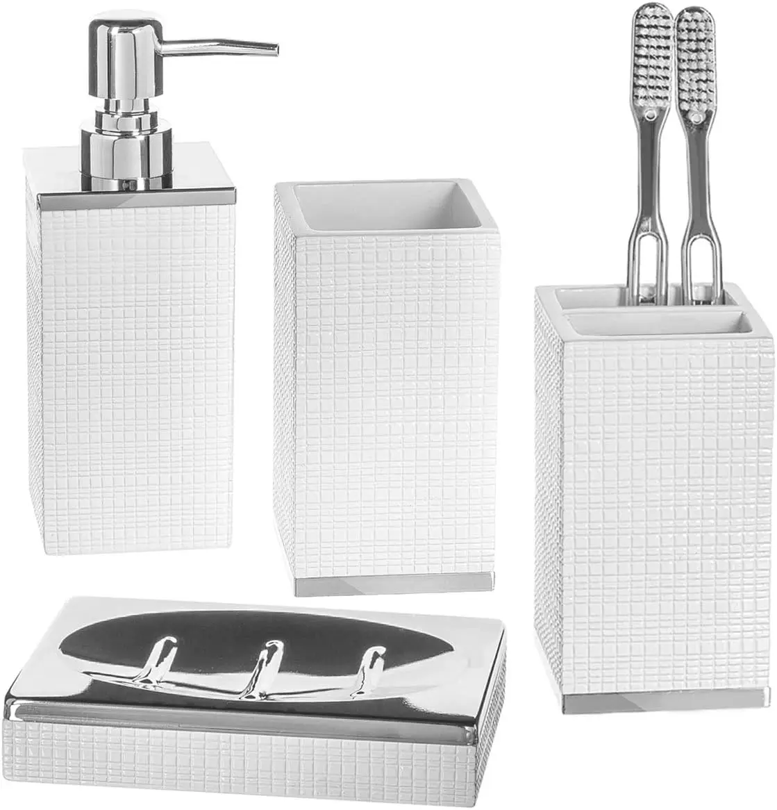

Elegant White Bathroom Set with Silver Base - Includes Soap Dispenser, Toothbrush Holder, Soap Dish & Tumbler