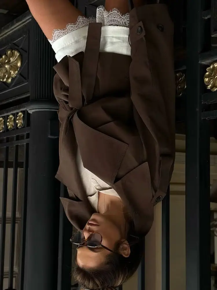 

HH Women Autumn Solid Pocket Elegant Long Sleeved Trendy Short Jacket With Belt Decorate Women Button Turn-down Collar Coat