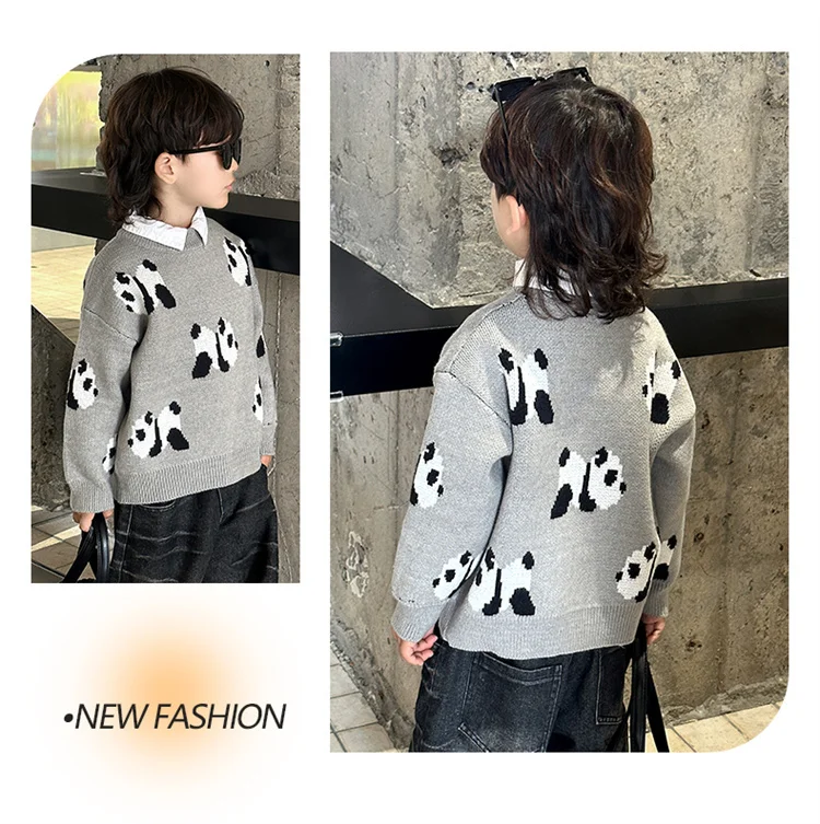 Koreanische Niedliche Kinder-Panda-Pullover mit Cartoon-Drucken, Strickwaren für Jungen, Graue Panda-Kostüme, Kinder-Strickkleidung für Alter 2 3 5 7 9 11 Jahre – Detail 4