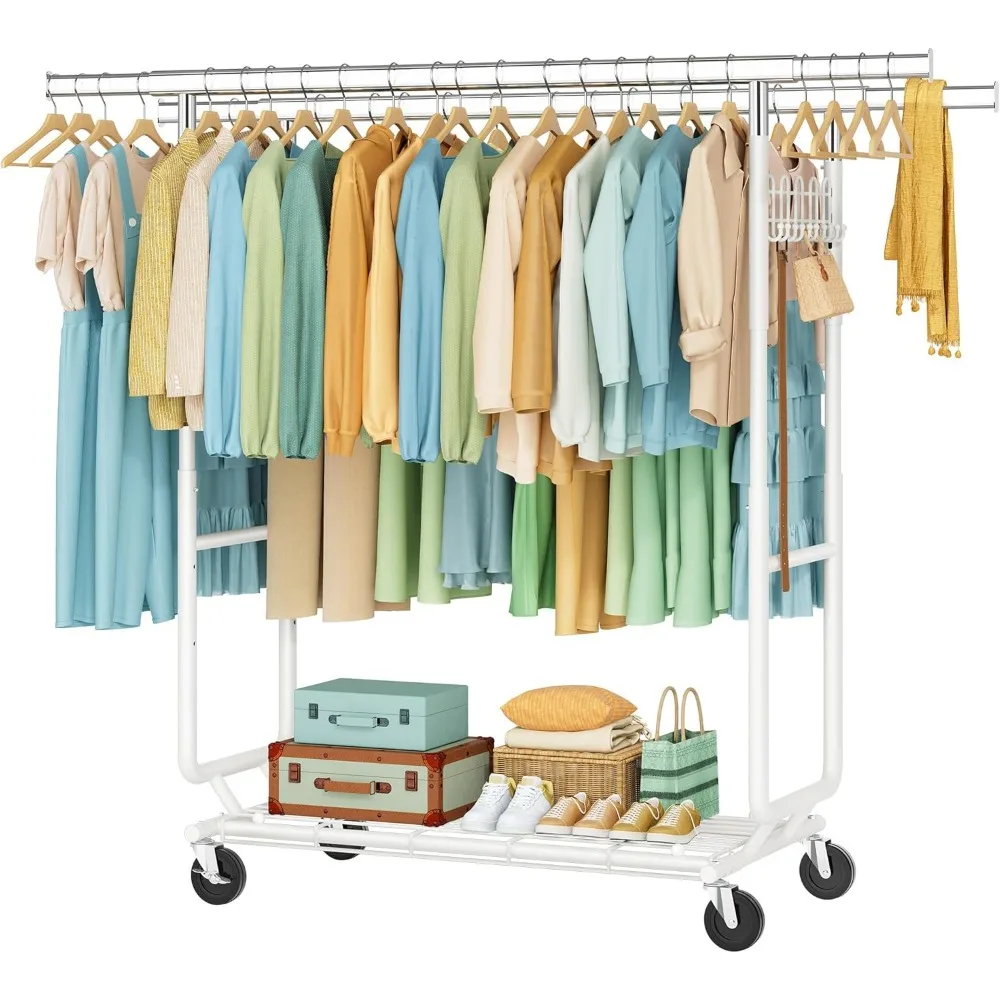 2-Minute Assembly Double Rod Clothes Rack, Heavy Duty Rolling Clothing Racks with Wheels, Foldable Commercial Garment R