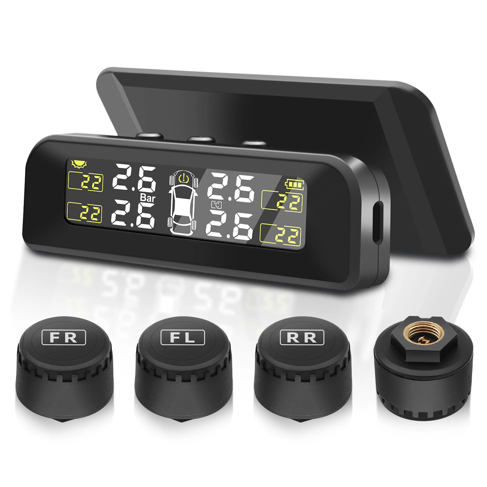 

TPMS Control System with 4 Sensors, 5 Alarm Modes, USB/Solar Tire Pressure Universal for Car, SUV, MPV