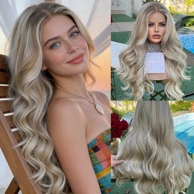 

Длинный волнистый парик из синтетического волокна для женщин, омбре, светло-русый, с челкой, без клея, с коричневыми корнями, синтетический парик без крепления