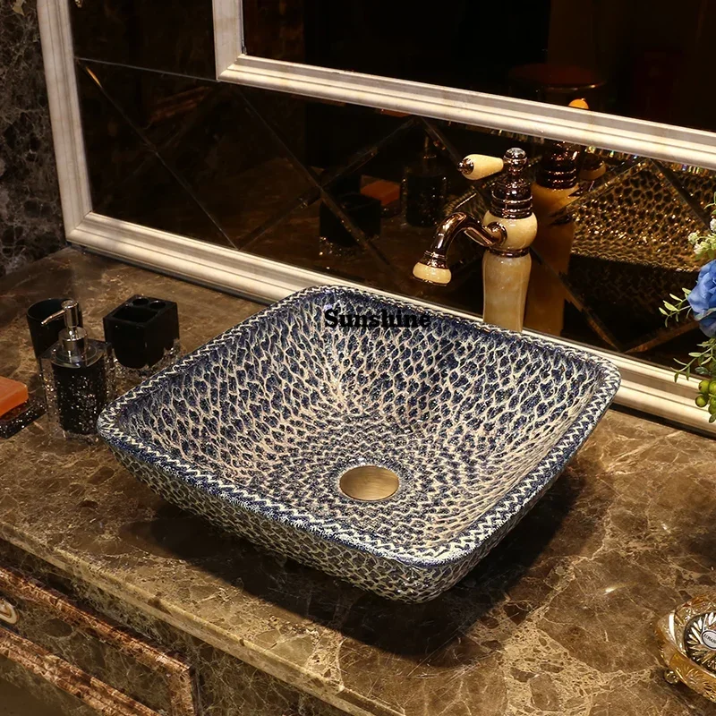 Blue Stone Art Table Basin Creative Ceramic Wash Square Inter-Platform  Basin Retro Wash