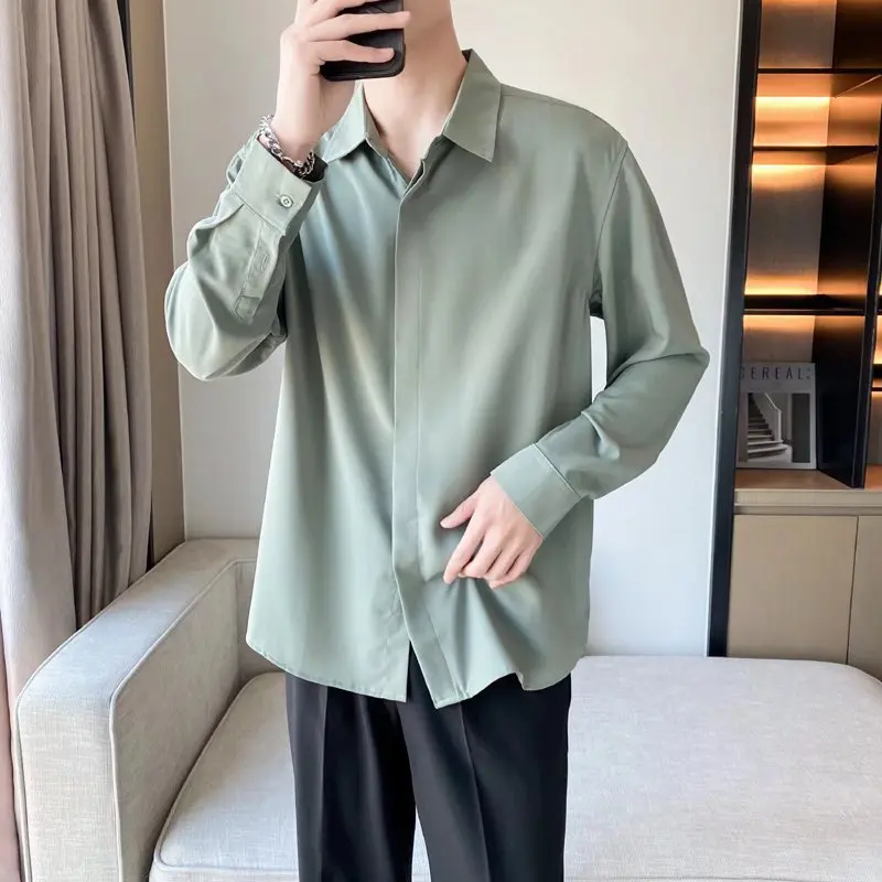 New Anti-Wrinkle Men Ice Silk Shirts Long Sleeve Dress Shirts For Men Loose Relax Fit Camisa Social Business Blouse White Shirt