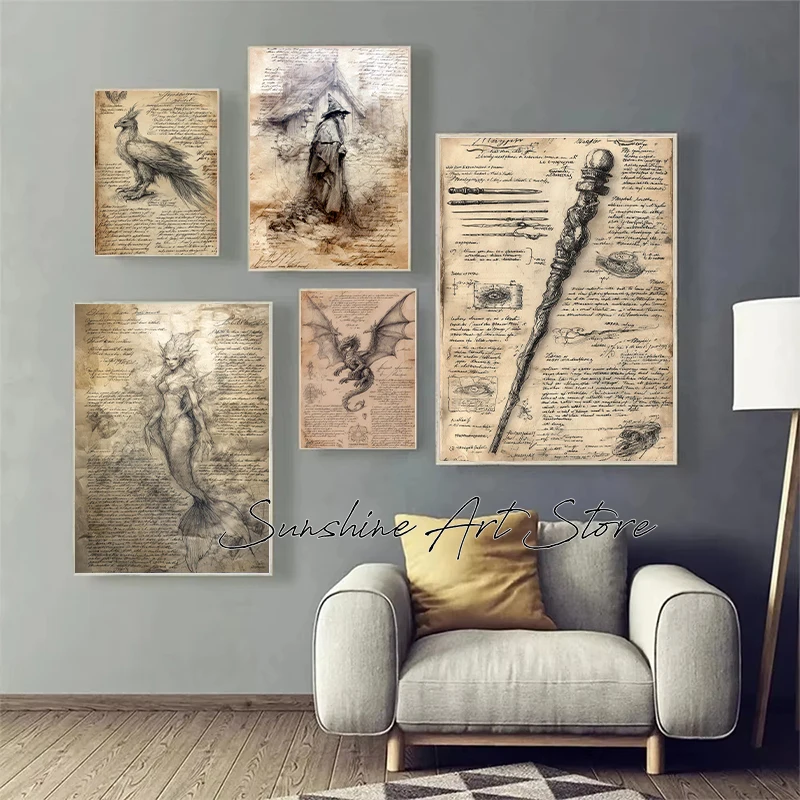 Witch Spell Book Pages Potion Book Vintage Gothic Wizard Witch Cottage Art Magic Poster Canvas Painting Wall Pictures Home Decor