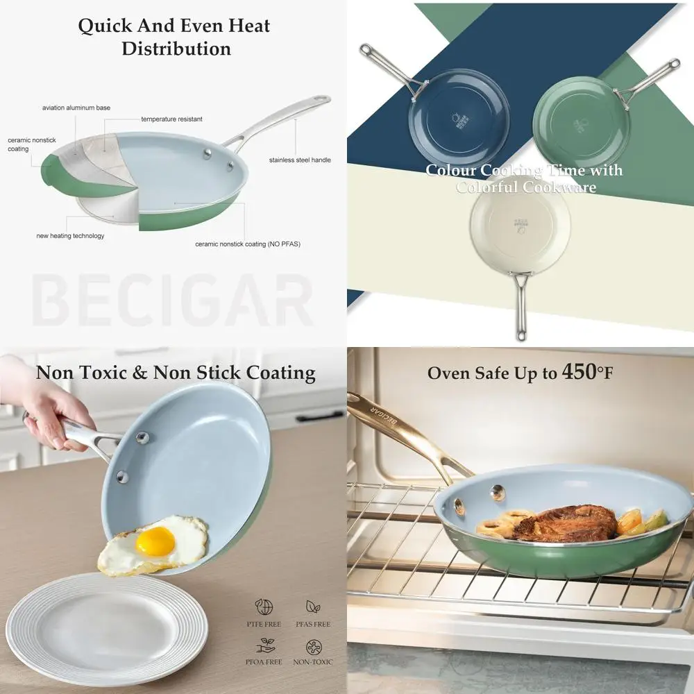 

Non-Stick Ceramic Frying Pan Set with Stainless Steel Handle - Ideal Cookware for Steaks and Easy Cooking - Essential Green Cera