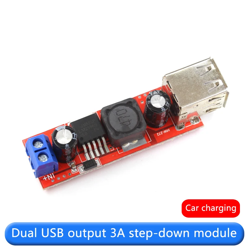 Buck regulated power supply module board dual USB output, 9V/12V/36V to 5VDC-DC car charging 3A