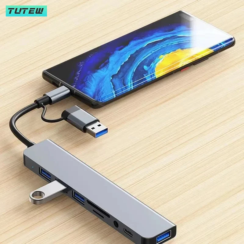 8 في 1 USB C Hub USB Splitter USB موسع مع 4 منافذ USB 1 منفذ USBC TF/SD قارئ بطاقات إخراج الصوت متوافق مع MacBook