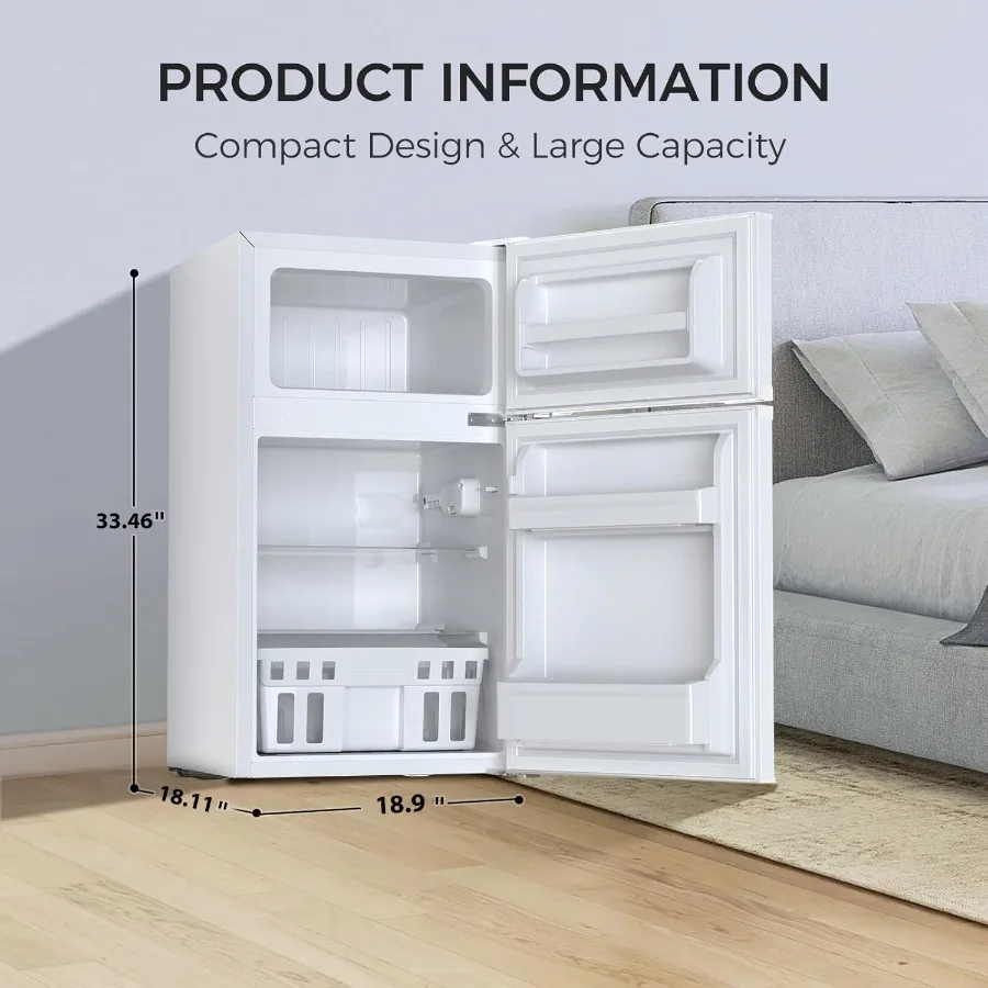 Compact Mini Fridge with Freezer 3.2 Cu.Ft Double Door Design for Home Kitchen Dorm Apartment - Adjustable Temperature Control