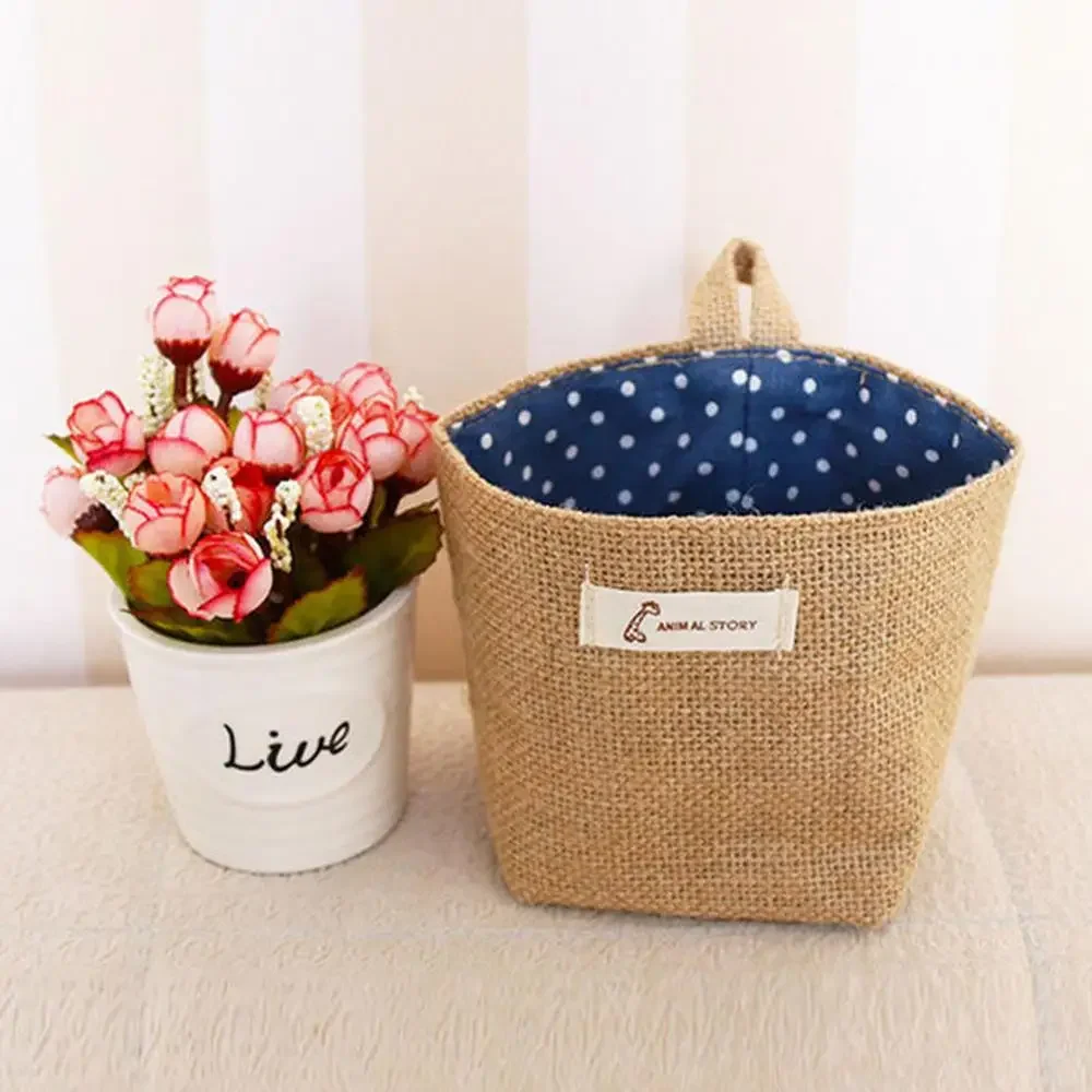 Home Decor Hanging Pocket Storage Basket Small Sack Sundries Cosmetic Organizer Cotton Linen Bag Jute Cotton Linen Sundries