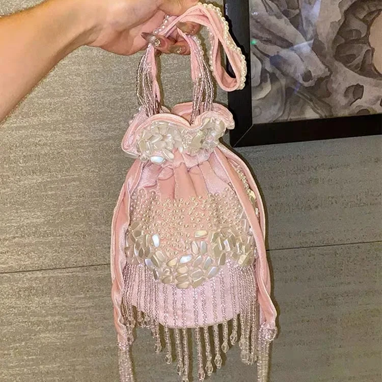 

Elegant Crystal Pearl Silk Banquet Bag uxury Party Evening Bag Handmade Velvet Touch Fashion Wedding Party Banquet Bag