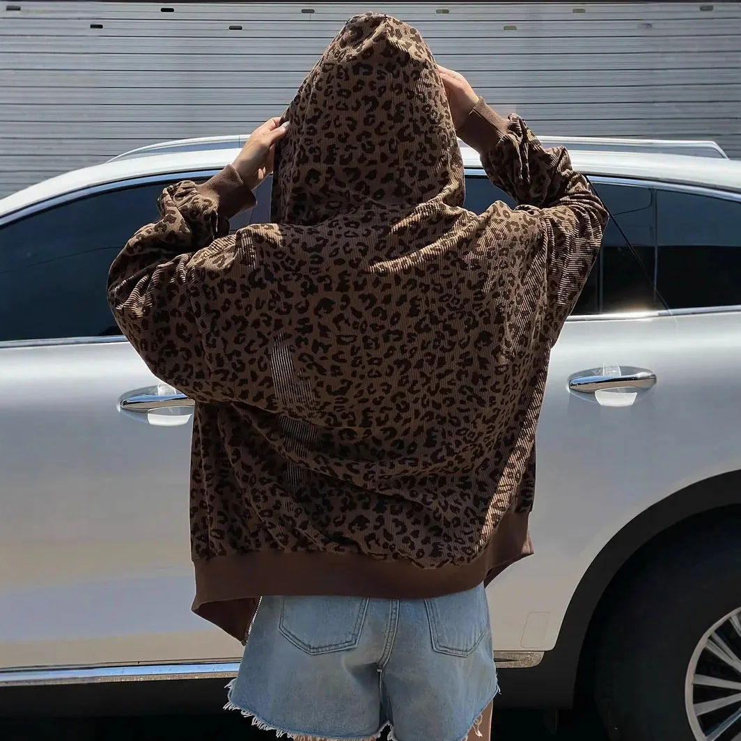 Women's Vintage Corduroy Leopard Print Long Sleeve Hooded Jacket Autumn Winter Casual Sportswear Fashionable Outerwear