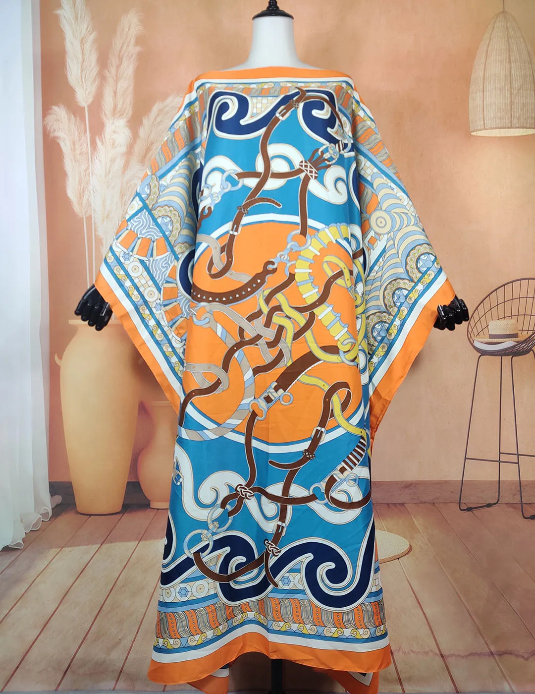 

African Fashion New Printed 2023 Summer Boho Sexy Lady Beach Kaftan Maxi Dress Kuwait Plus Size Silk Muslim Abaya Clothing