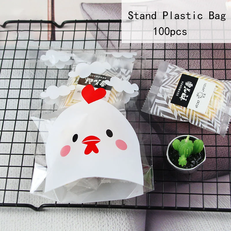 100pcs Small Chicken Self-adhesive Plastic Bags Stand Style Chocolate Cookie Bag Christmas Gift Bags Wedding Party Candy Package