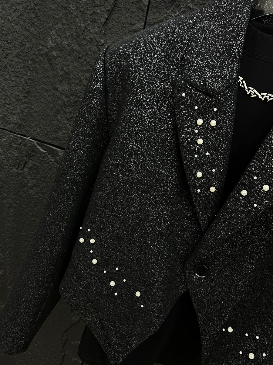 Men's 2025 Spring Autumn New Handsome Trendy New Tops Niche Design Beaded Blazers Loose Shoulder Padded Short Style Suit Jackets