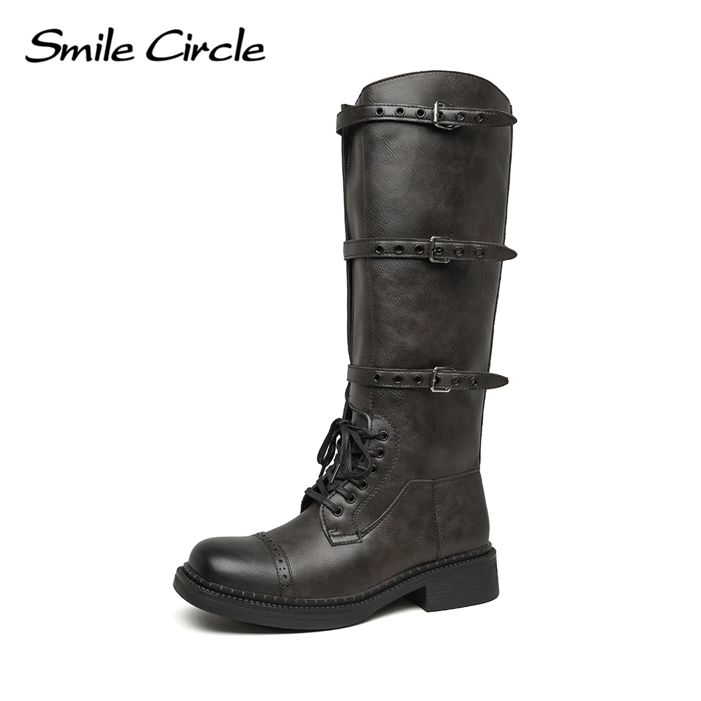 

Smile Circle Women Shoes Fashion Rider Boots Belt Buckle Vintage Scuffed Comfort Real Leather Boots Western Cowboy Women Boots