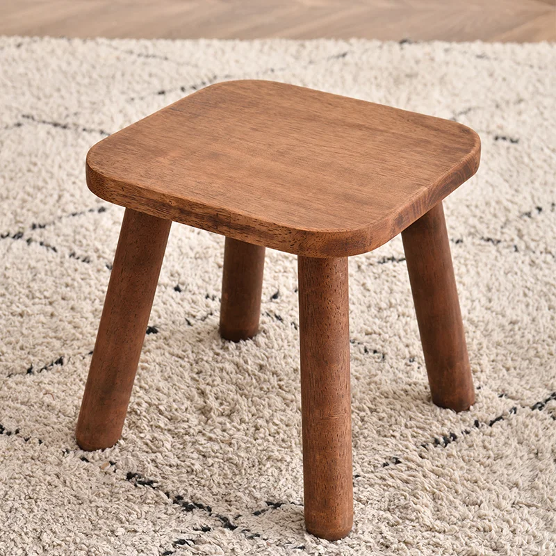 1pc All Solid Wood Shoe Changing Stool, Small Walnut Color Stool For Living Room, Entrance, Bathroom, Bedroom, Kitchen