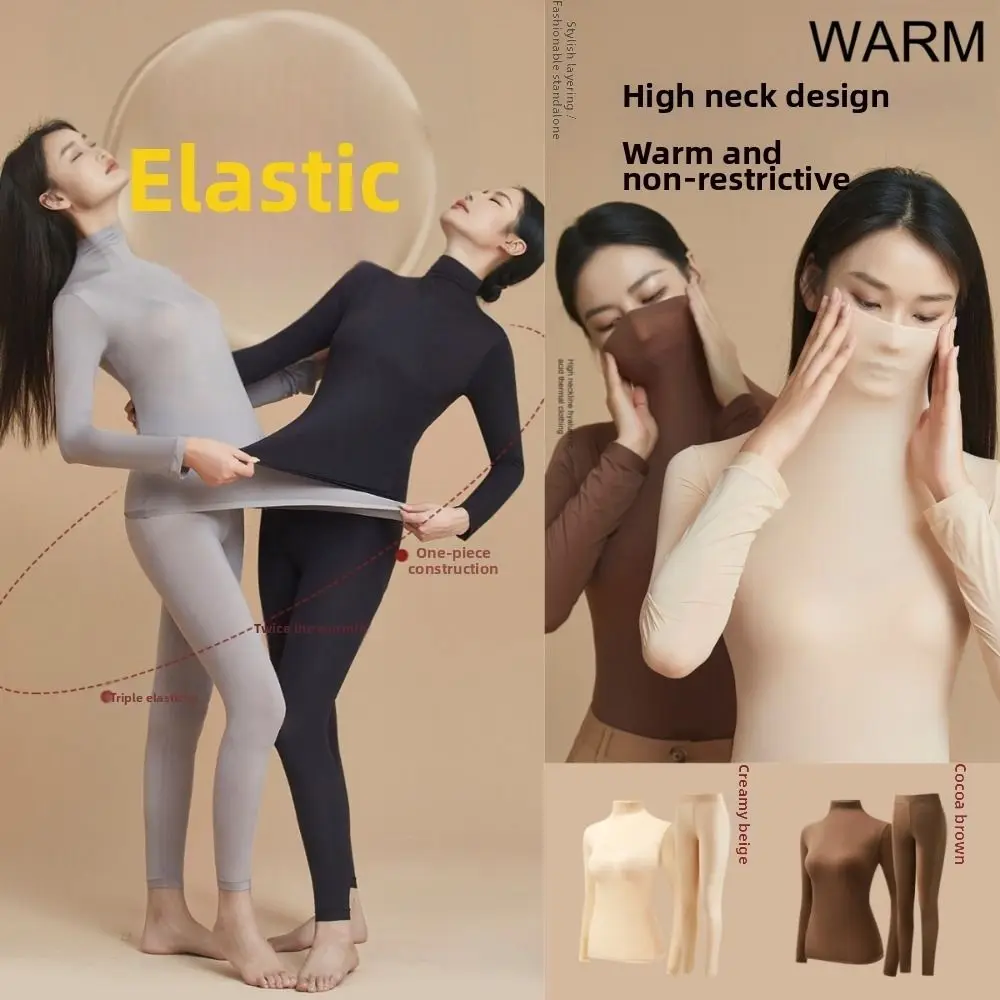 Tops and Pants Women Thermal Clothes High Neck Feel Heating Thermal Underwear Large Size Lingerie Warmth Long Pants Girls Female