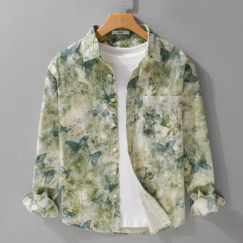 Korean Fashion Butterfly Printed Shirts Men Women Summer Couple New Long Sleeve Shirt Pure Cotton Casual Shirt Unisex Tops Youth