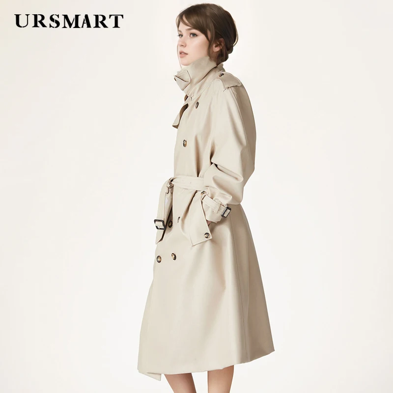 British fashion double breasted long beige women's trench coat with waist cinching tailored cotton polyester windbreake women