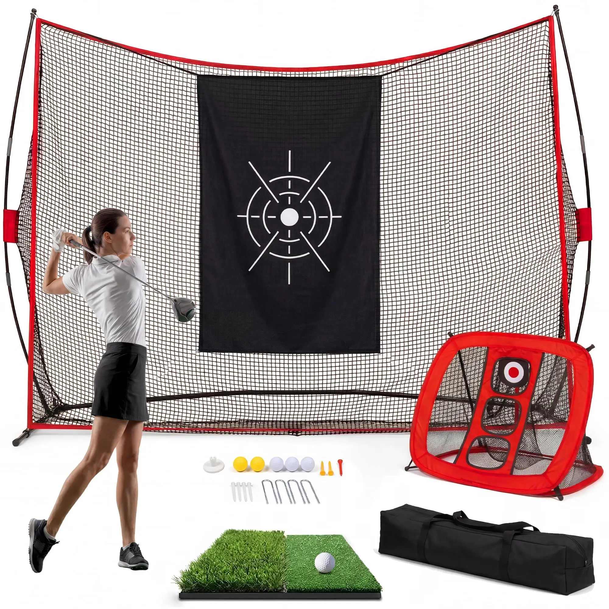 Backyard Golf Practice Net 10x7FT, Hitting Net Set With Chipping Target, Turf Mat, Balls, Tees And Carry Bag Indoor Outdoor