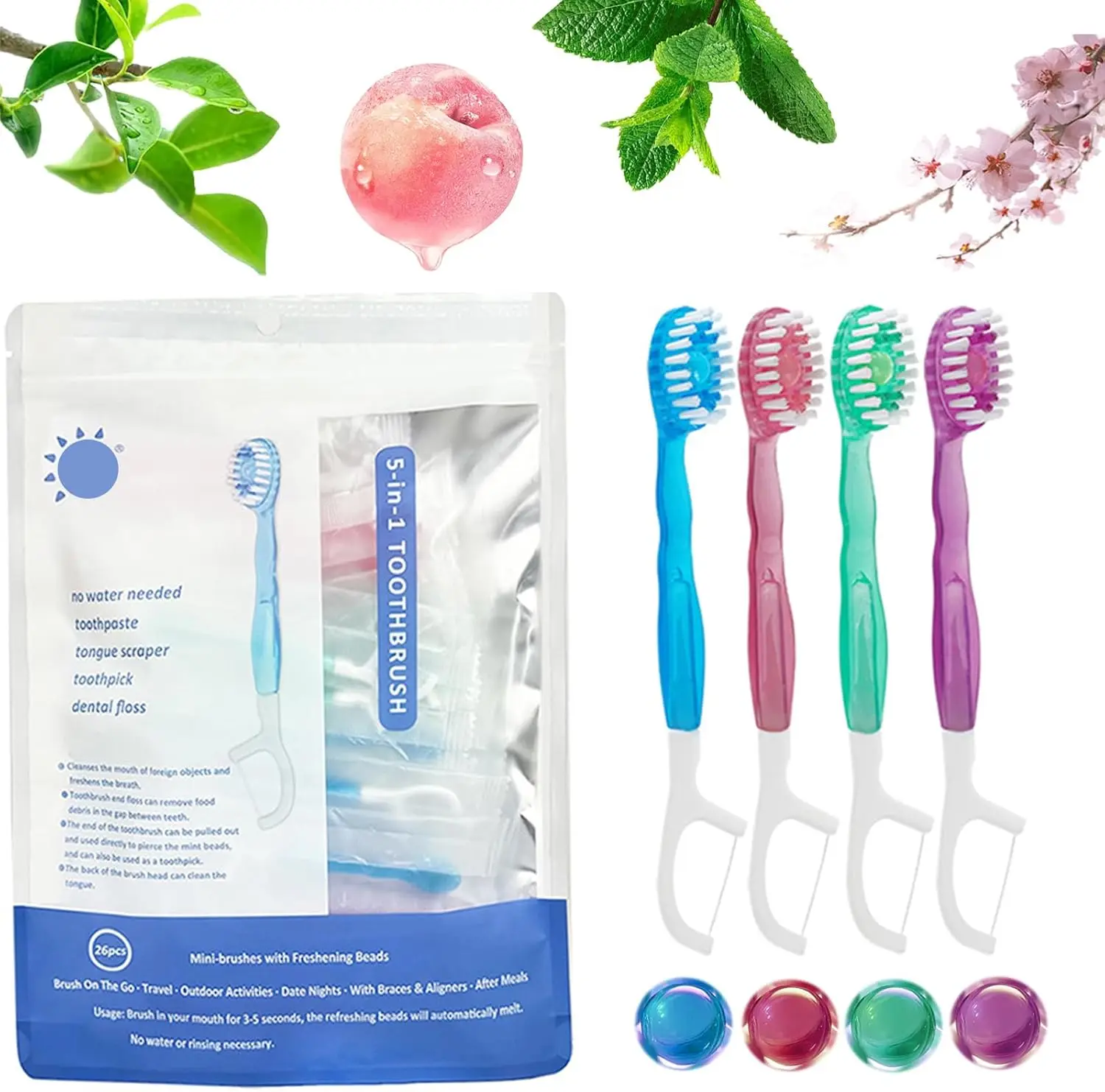 

5 in 1 Mini Toothbrush & Floss & Tongue Scraper & Toothpick Set 26 Pcs Travel Toothbrush and Toothpaste Set