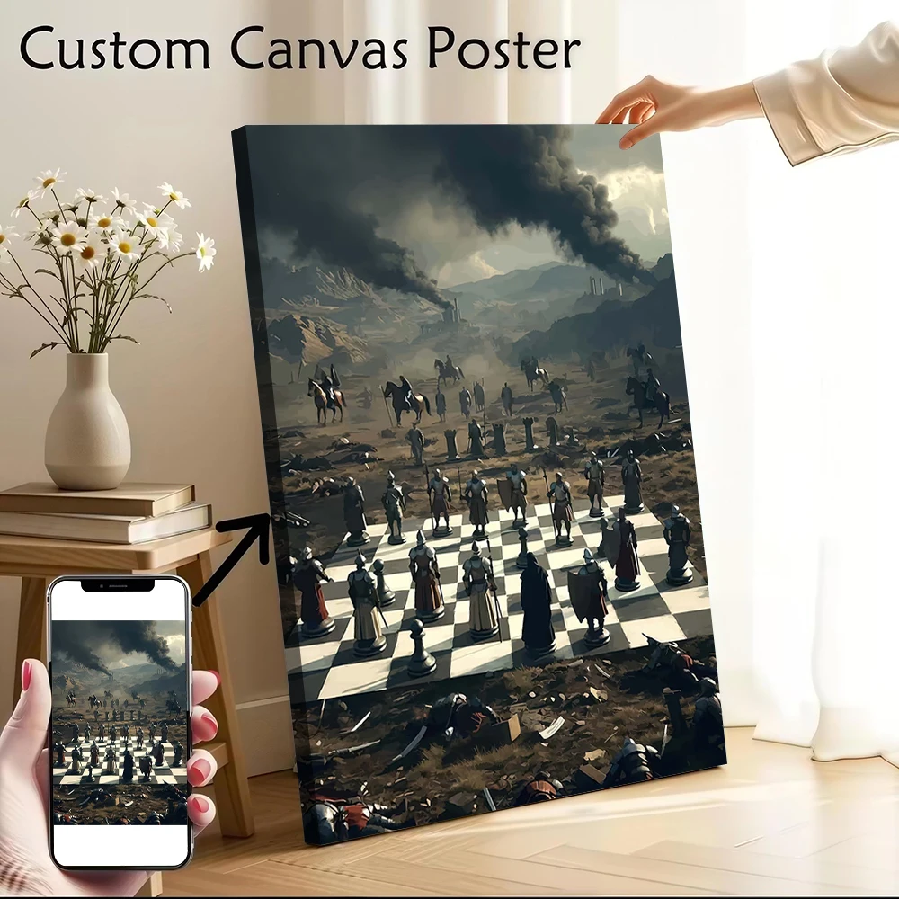 Epic Chess Battle in a War-Torn Landscape Canvas Poster Customizable Pictures Wall Art Canvas Painting for Posters Living Room
