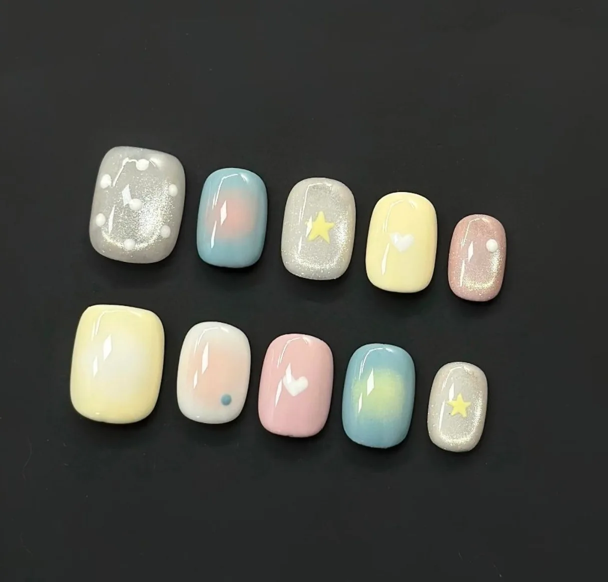 10Pcs Glitter Wearable Fake Handmade Nail Colorful Flowers Design Full Cover Nail Tips Short Square Press on False Nails Women