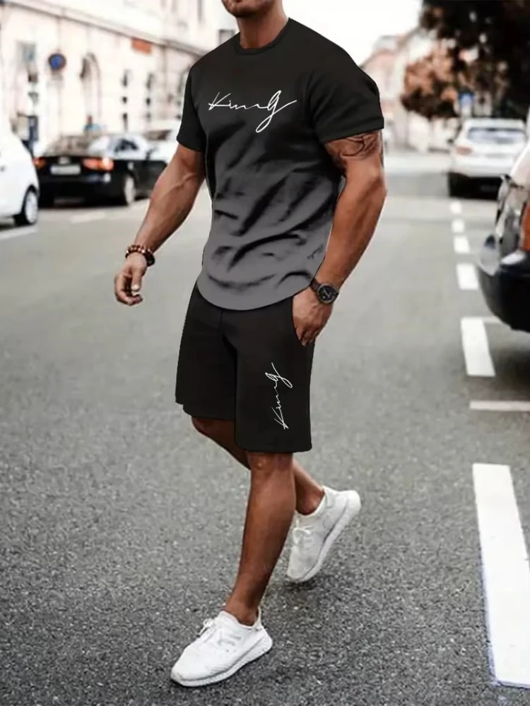 

Spring And Summer Men's Short Sleeve Suit English Letters Print Short Sleeve Short 2 Pieces Casual Fashion Outdoor Men Clothing