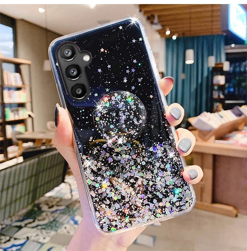 Bling Glitter Silver Foil Phone Holder Case for Samsung Galaxy A16 A26 A36 A56 A06 A15 A25 A35 A55 A14 A24 A34 A54 5G Cover
